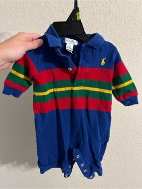 Ralph Lauren Blue Red Green Yellow Striped Polo Romper